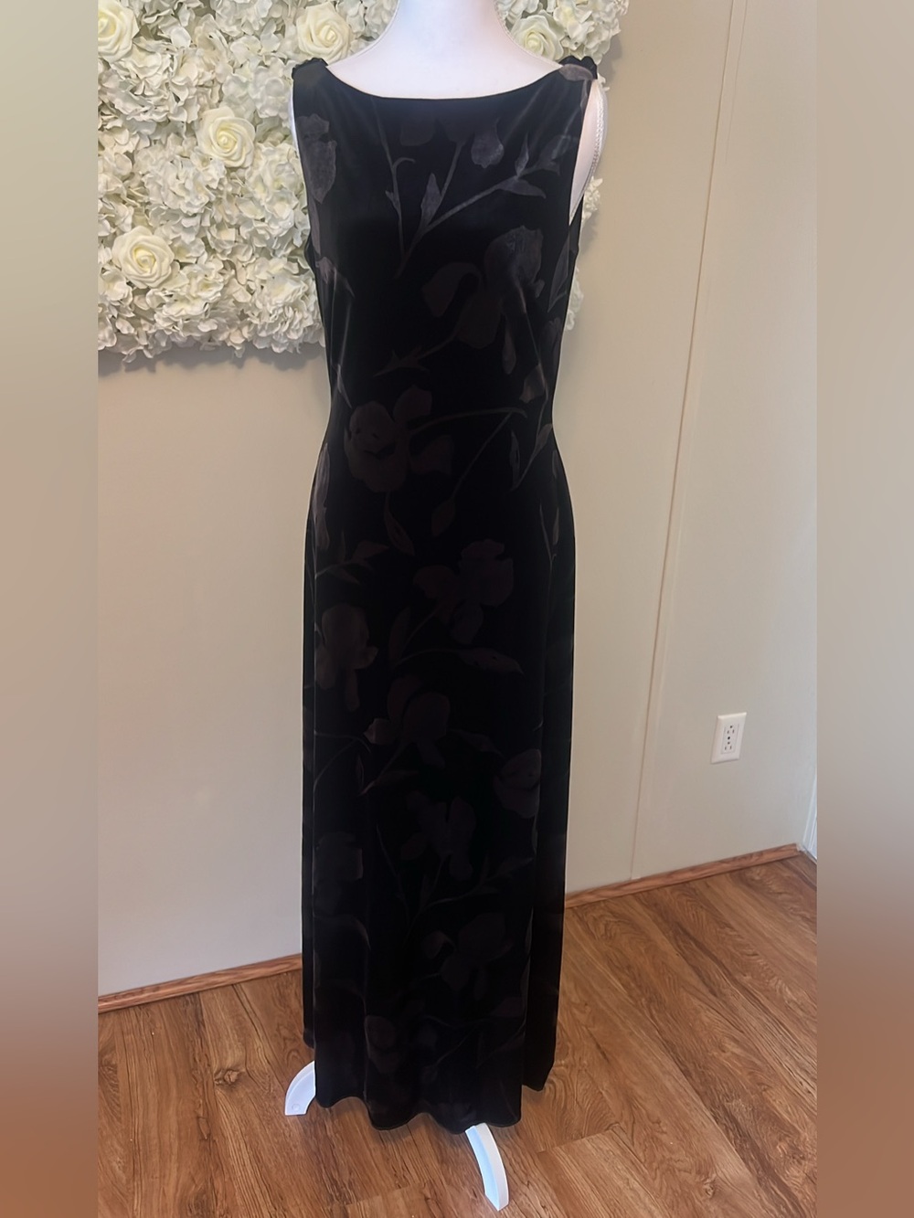 David Warren Vintage Black Floral Velvet Maxi Dress - Timeless Evening Gown